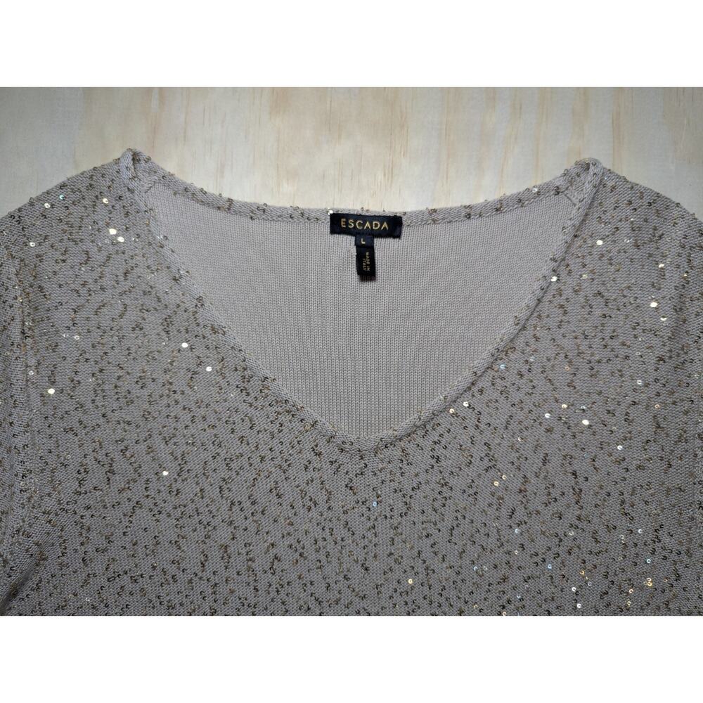 Escada Sagira Top Large Silk Cotton Sequin Knit Short Sleeve Blouse Beige Italy - Picture 6 of 16